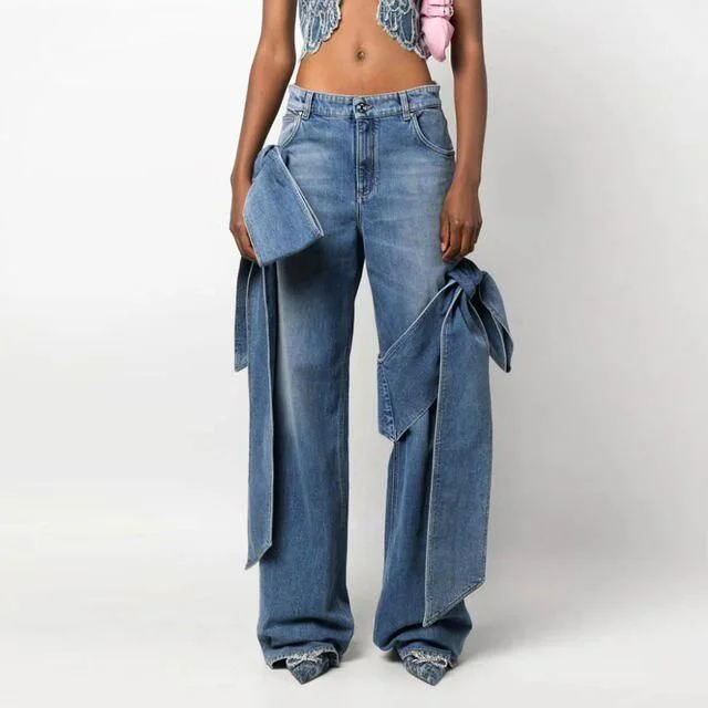 Comfortable Lifestyle Spliced Bowknot Casual Jeans