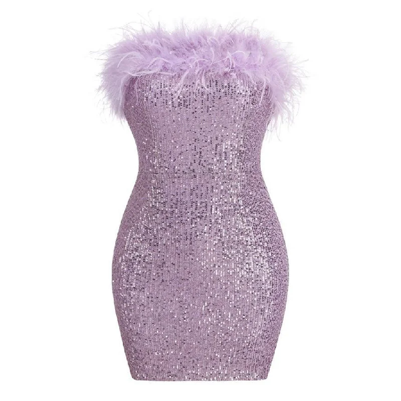 Comfortable Tops Sparkly Sequin Solid Color Feather Trim Strapless Bodycon Mini Party Dress