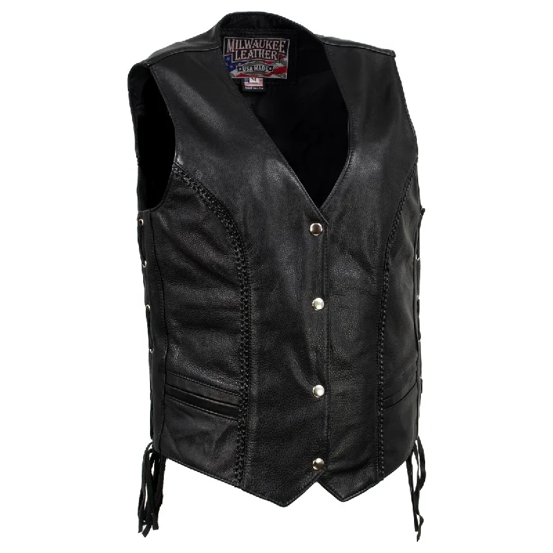 Simple Chic Milwaukee Leather USA MADE MLVSL5001 Women's Black Vivacious Braided Motorcycle Leather Vest