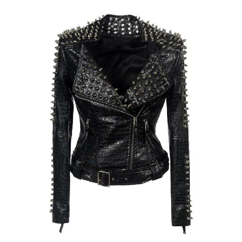 Soft Casuals Metallic Spike Zip Up Long Sleeve Crocodile Embossed Vegan Leather Biker Jacket