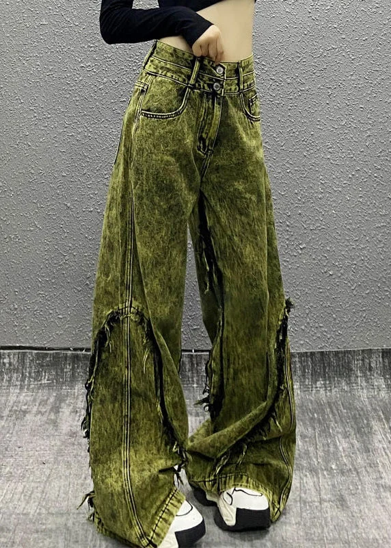 Casual Chic Outfits Stylish Green Tasseled Patchwork Denim Wide Leg Pants Spring