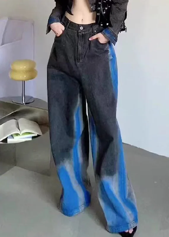 Simple Looks American Style Colorblock Gradient High Waist Denim Wide Leg Pants Spring