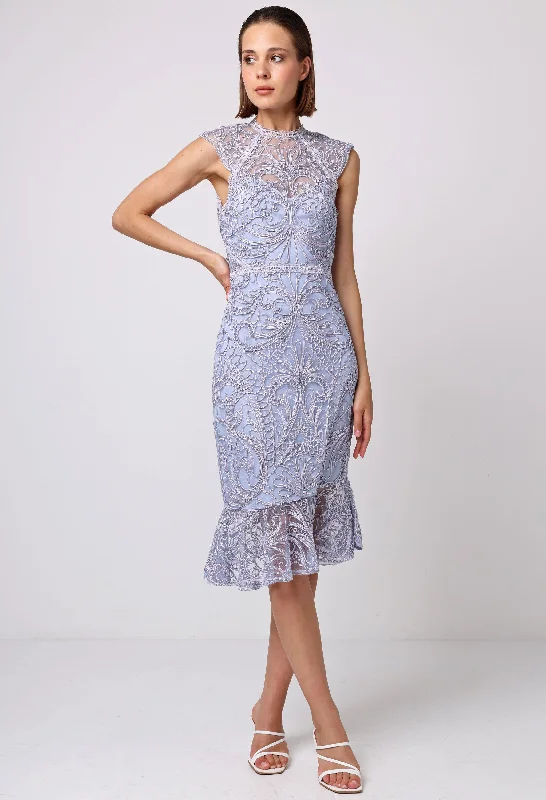 Easy-to-Wear Lace Midi Dress with Frill Hem