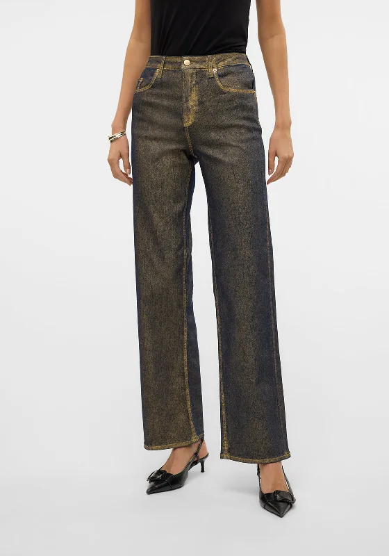 Cozy Chic Trends Vero Moda Tessa Gold Metallic Coated Wide Leg Jeans, Medium Blue