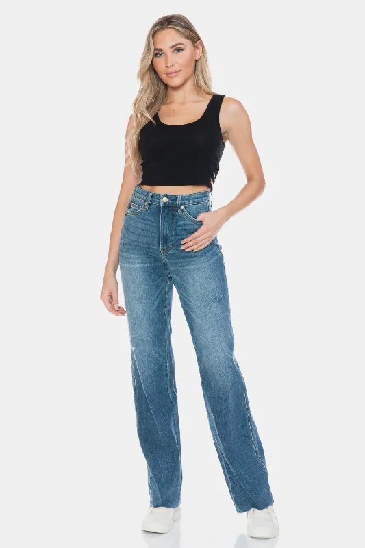 All-Day Style Judy Blue Full Size Tummy Control Cut Raw Hem Straight Jeans