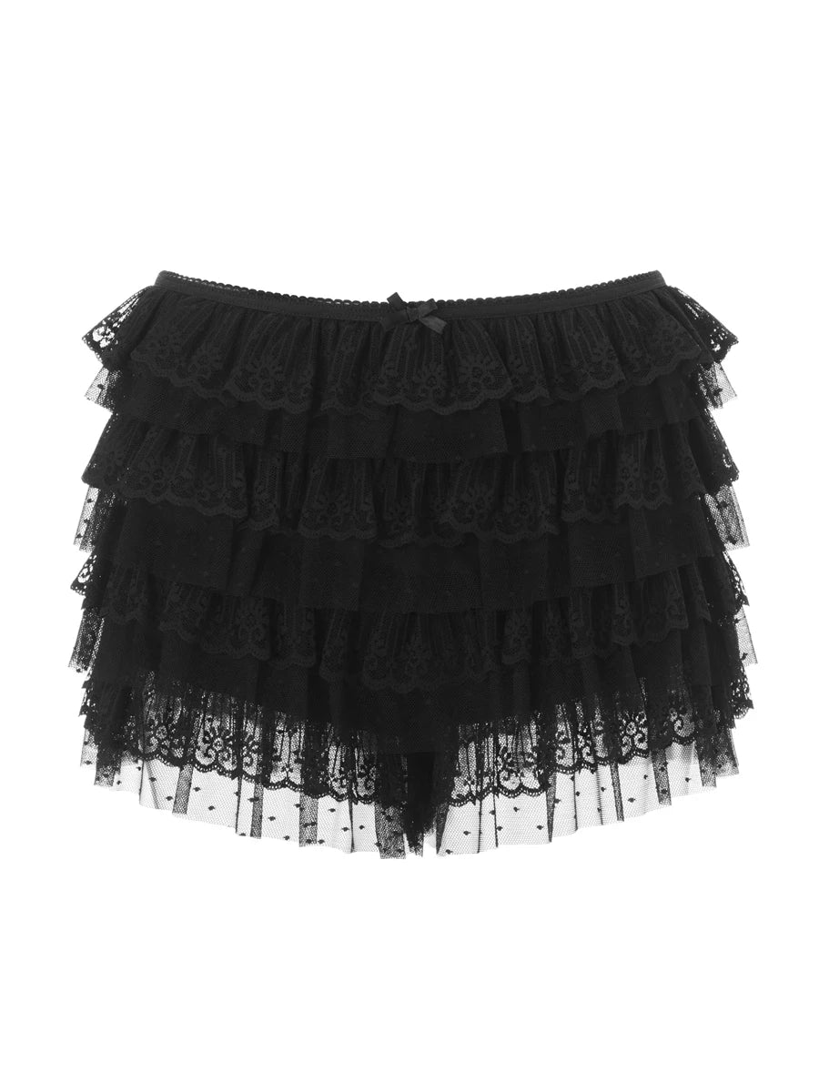 Cozy Fitting Women's Ruffled Layered Elastic Low Waist Lace Skirt
