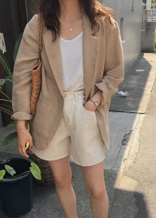 Relaxed Chic Italian Khaki Peter Pan Collar Pockets Linen Coats Spring