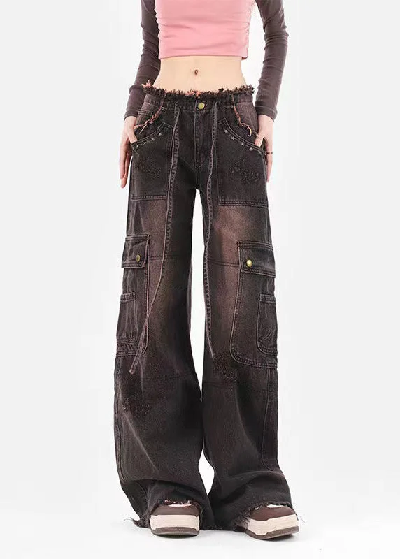 Soft Feel Italian Brown Pockets Patchwork Denim Straight Pants Spring
