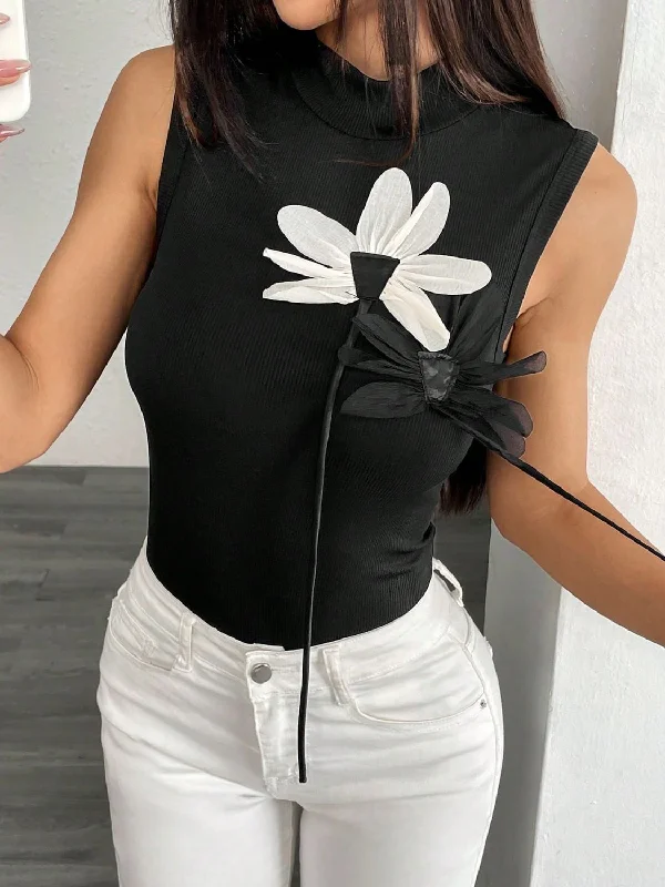 Simple Comfort Flower Mock Neck Tank