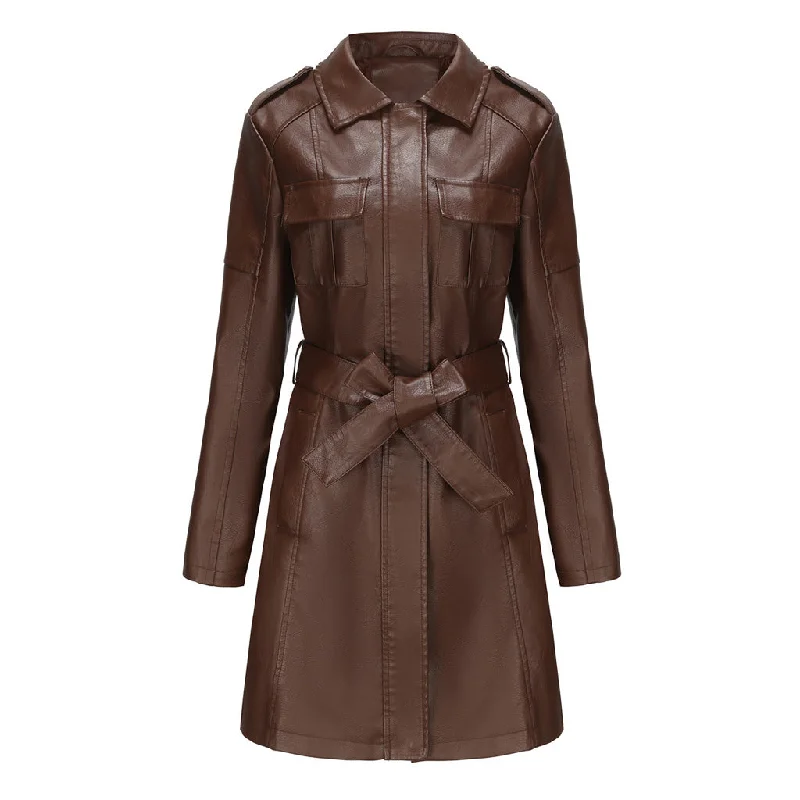 Elegant Dressing Vintage Collared Epaulette Long Sleeve Zip Up Belted Faux Leather Trench Coat