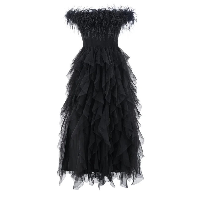Chic Comfort Wear Opulent Faux Feather Off Shoulder Corset Ruffle Tulle Maxi Evening Dress