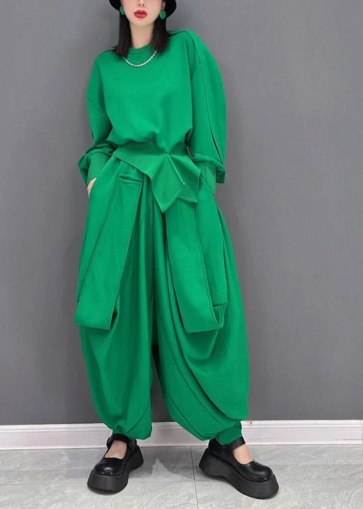 Fashionable Comfort Original Design Solid Green O-Neck Asymmetrical Loose Sweatshirts Top And Harem Pants Two Piece Set Long Sleeve