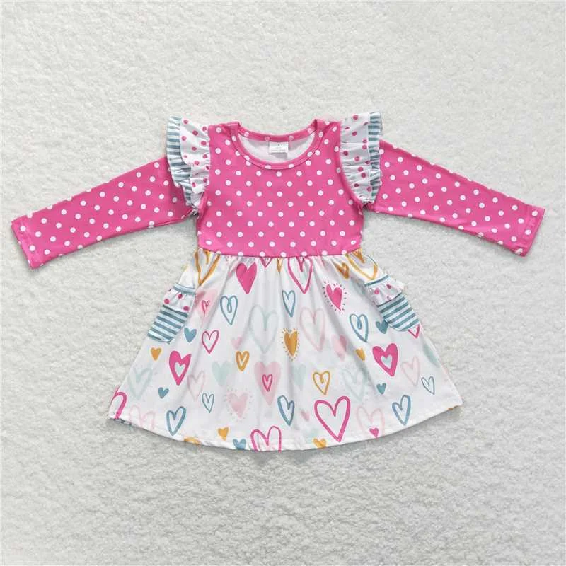 Elegant Fit GLD0489  Baby Girls Valentines Pink Dots Long Sleeve Hearts Knee Length Dresses