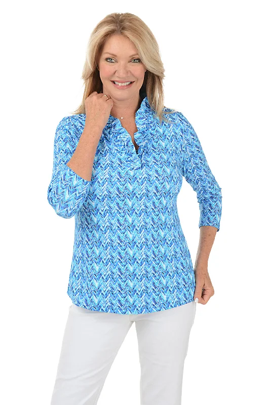 Soft Fabric Looks Blue Chevron Ruffle Neck UPF50+ Top