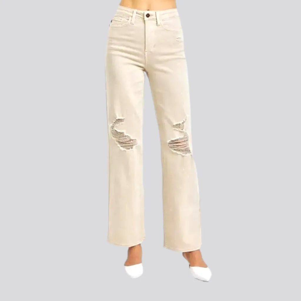 Comfortable Lounge Wear Distressed women's sand jeans