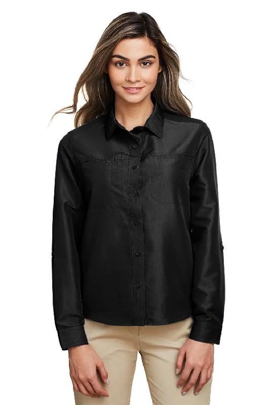 Versatile Comfort Wear Harriton Womens Key West Performance Moisture Wicking Long Sleeve Button Down Shirt w/ Pocket - Black