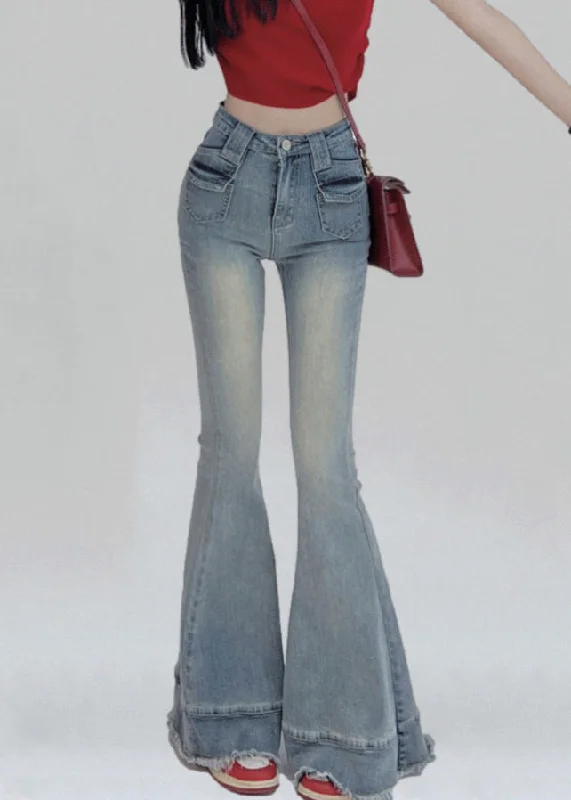 Casual Fit Modern Light Blue Pockets High Waist Denim Flare Bottoms Pants Summer