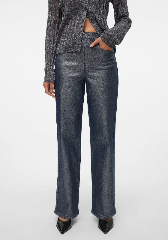 Comfortable Tops Vero Moda Tessa Silver Metallic Coated Wide Leg Jeans, Medium Blue