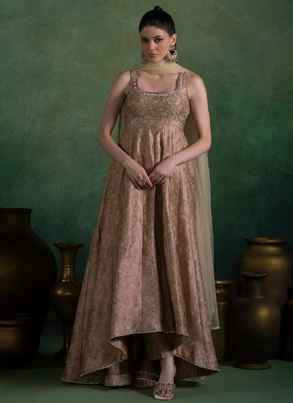 Relaxed Fit Wear Golden Peach Embroidered Brocade Anarkali