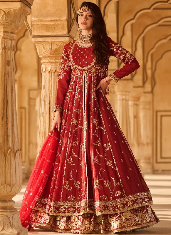 Casual Comfort Wear Maroon Embroidered Georgette Anarkali