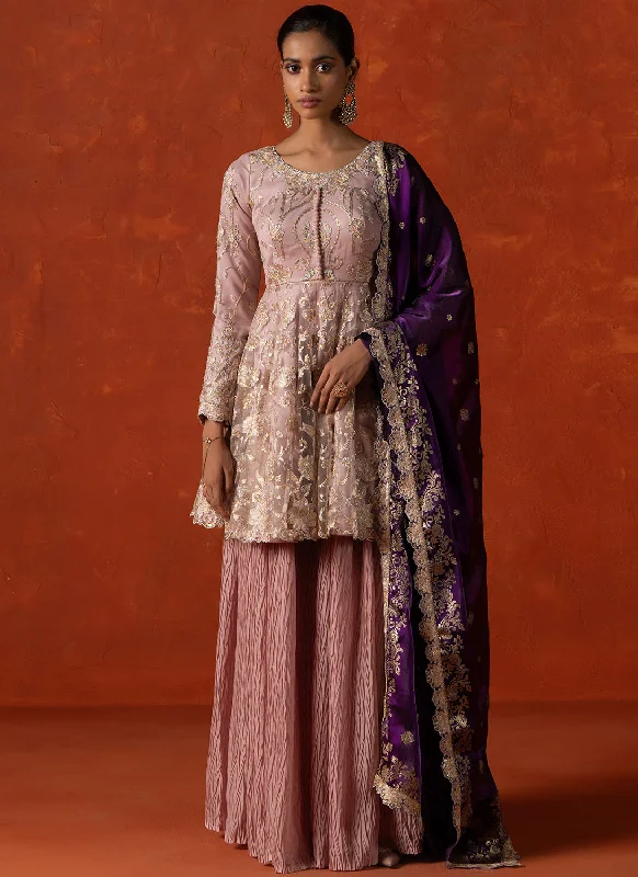 Cozy Outerwear Dusty Pink and Purple Embroidered Gharara Suit