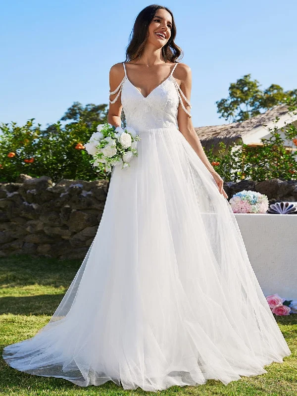 Comfortable Sweaters A-Line Pearl Spaghetti Strap Embroidered Tulle Wedding Dress with V-Neck