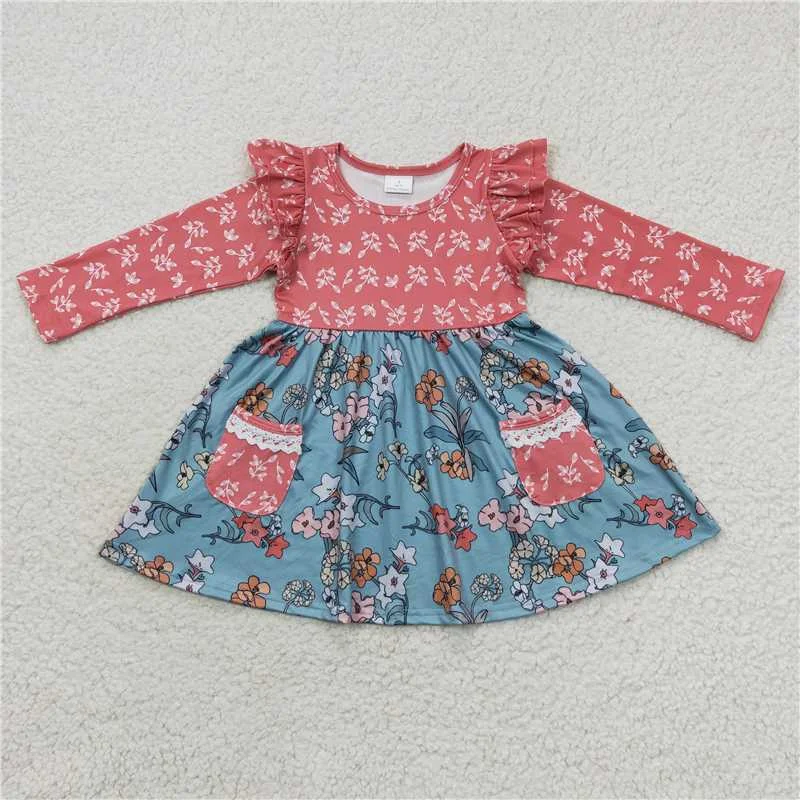 Cozy Lounge Wear GLD0338  Baby Girls Orange Floral Long Sleeve Pocket Twirl Dresses