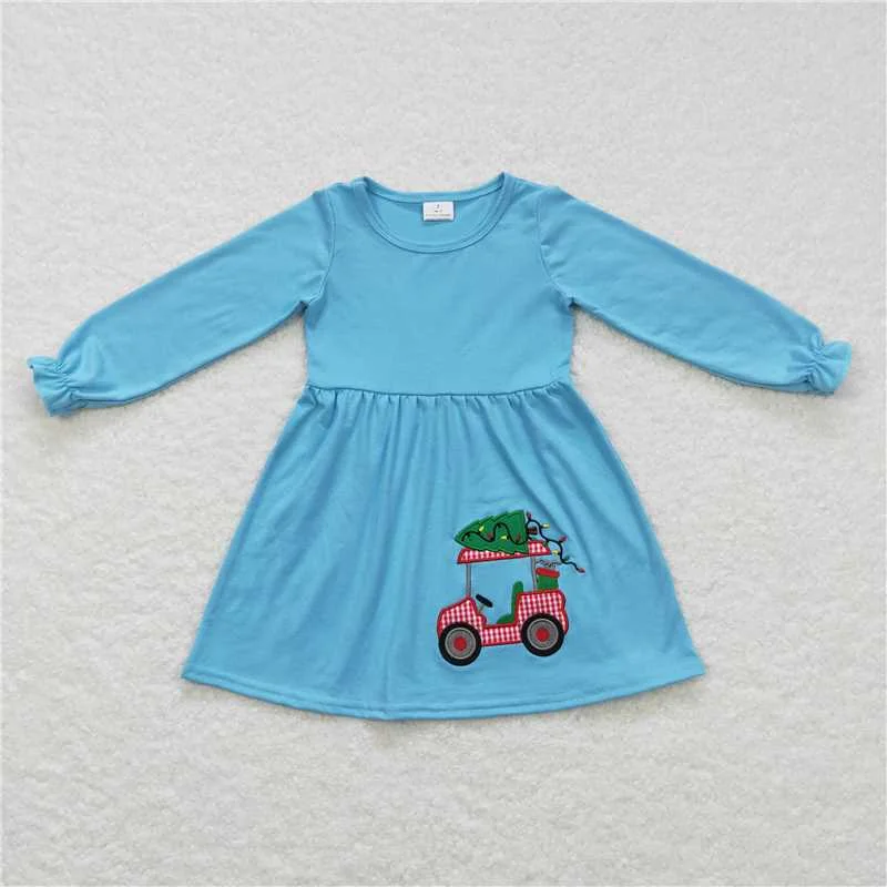 Everyday Chic GLD0391  Sibling Boys Girls Christmas Tractor Blue Shirts Dresses
