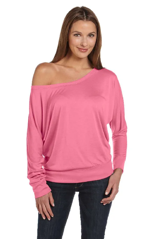 Breathable Style Bella + Canvas Womens Flowy Off Shoulder Long Sleeve Wide Neck T-Shirt - Neon Pink
