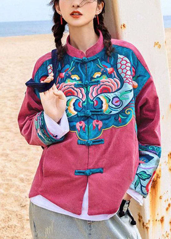 Versatile Style Unique Red button Stand Collar Embroideried Corduroy Coat Spring