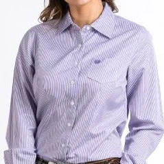Chic Outfits Cinch Women's L/S Tencel Purple & White Striped Western Button Down Shirt