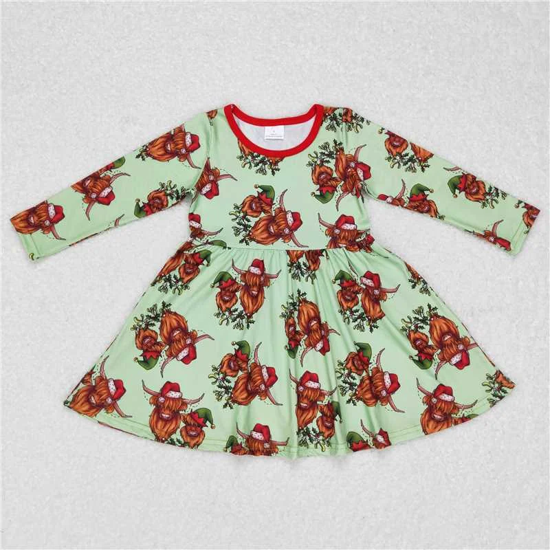 Casual Ease GLD0387  Baby Girls Western Highland Cows Christmas Twirl Dresses