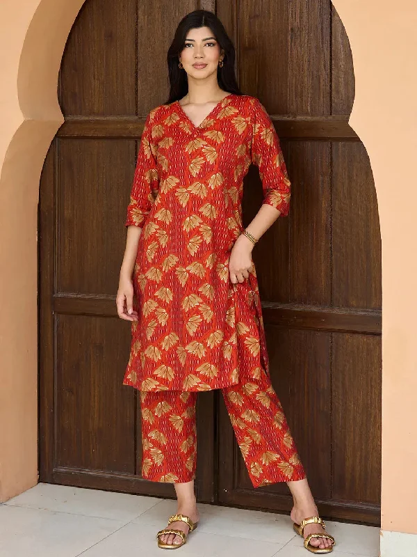 Comfortable Fitwear Orange Printed Silk Blend Co-Ords