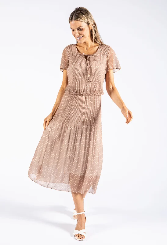Timeless Style Tie Neck Polka Dot Plisse Dress