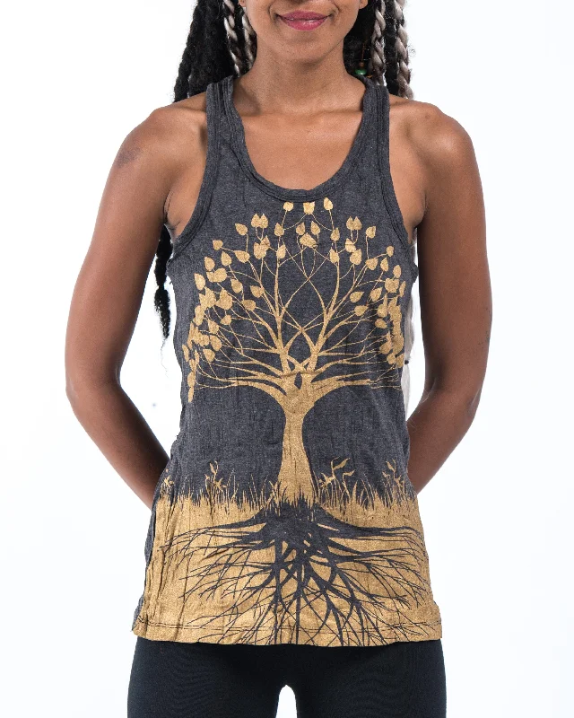 Comfortable Fitwear Womens Tree of Life Tank Top in Gold on Black