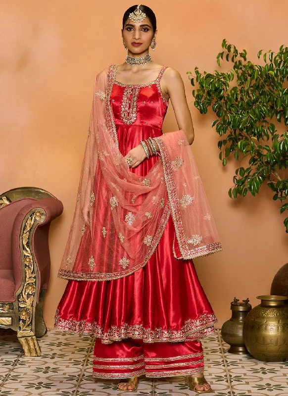 Cozy Street Style Red Embroidered Anarkali Style Palazzo
