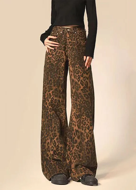 Easy Comfort Style Fashion Leopard Print Pockets Denim Straight Pants Spring