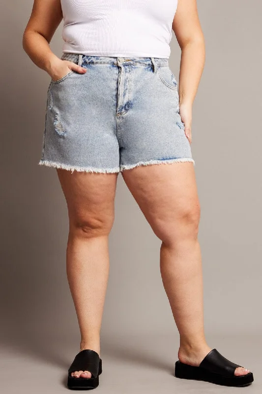 Trendy Layers Denim Relaxed Shorts High Rise Distressed Hem