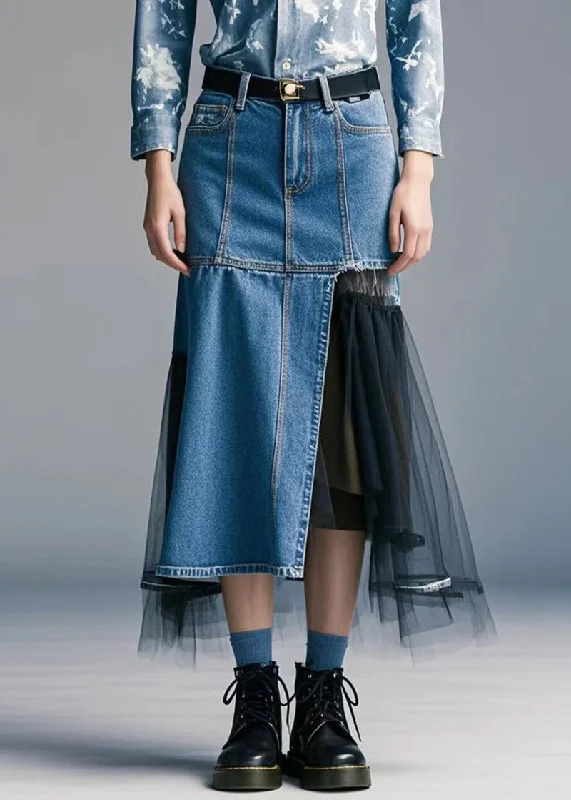 Soft Layers Handmade Blue Asymmetrical Patchwork Tulle Denim Wraped Skirt Spring