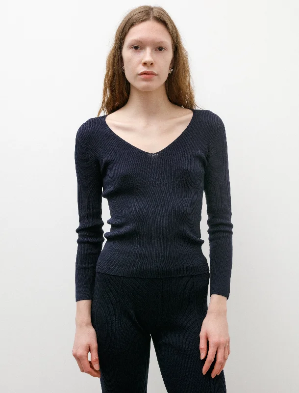 Easy Wear Chic Rib V-Neck Top Navy