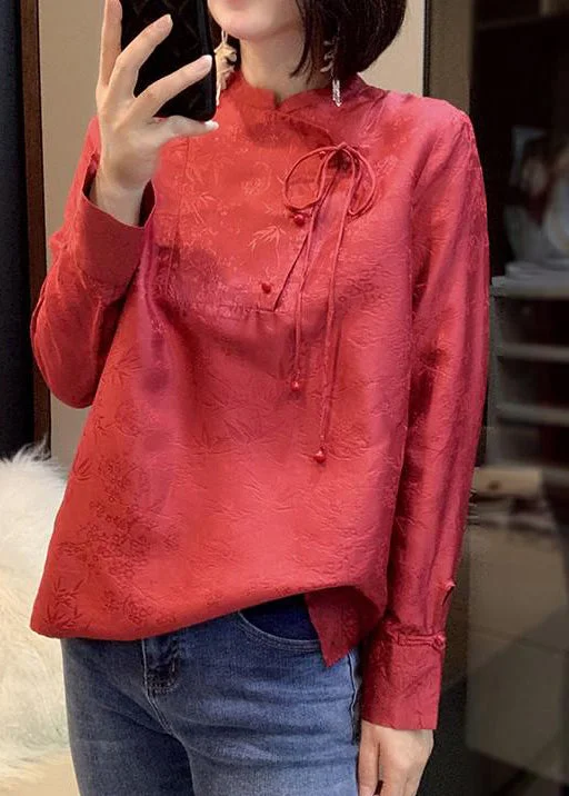 Soft Wearables Oriental Red Stand Collar Lace up Jacquard Silk Shirts Long Sleeve