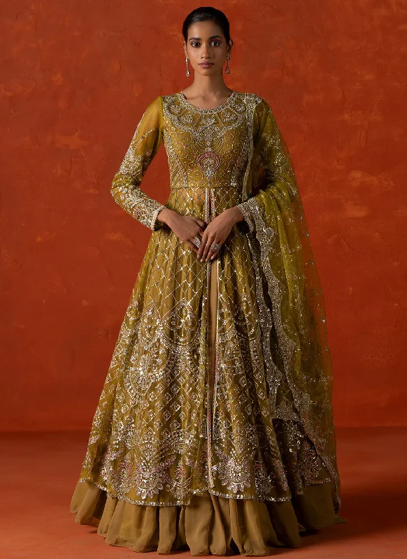 Soft Textures Dusty Yellow Embroidered Anarkali Style Lehenga