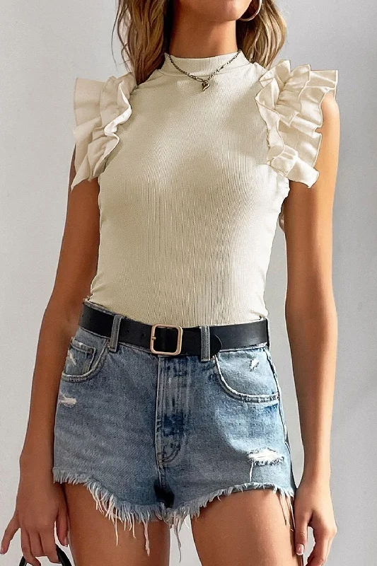 Soft Looks Ruffle Flutter Sleeve Mock Neck Ribbed Top