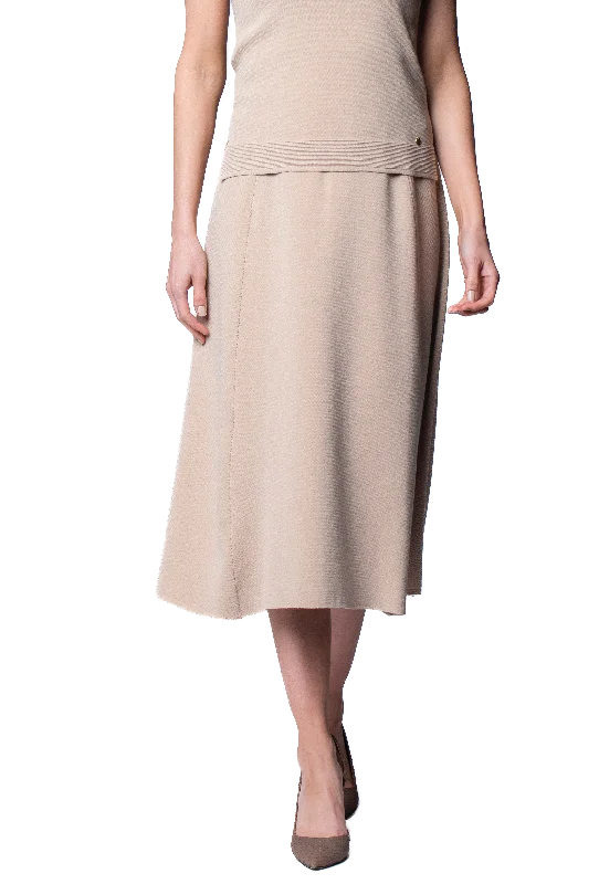 Cozy Lounge Wear Natalie Milano-Knit A-Line Midi Skirt; Warm Beige