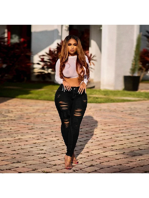 Cozy Essentials Women's Solid Color Ripped Jeans