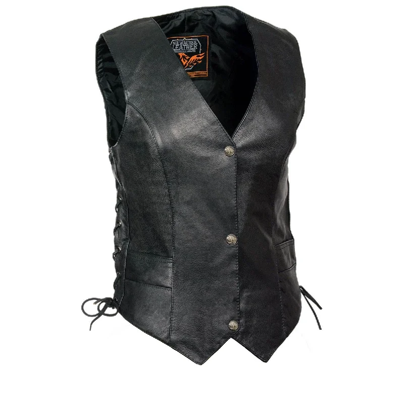 Elegant Fit Milwaukee Leather ‘XS1254’ Women's Classic Black 'Buffalo Snap Buttons' Side Lace Leather Vest
