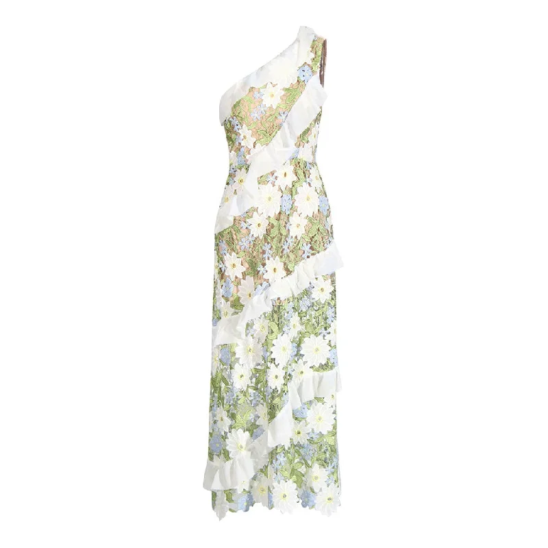 Easygoing Fashion Retro Embroidered Floral Ruffle One Shoulder Sleeveless Vacation Maxi Dress