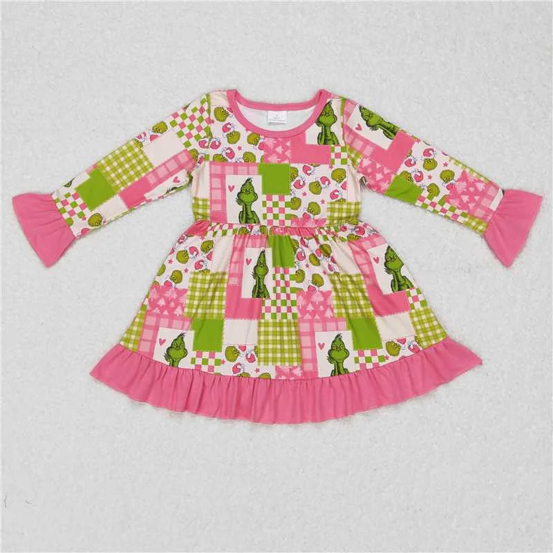 Comfortable Tops GLD0420  Baby Girls Christmas Green Pink Ruffle Knee Length Dresses