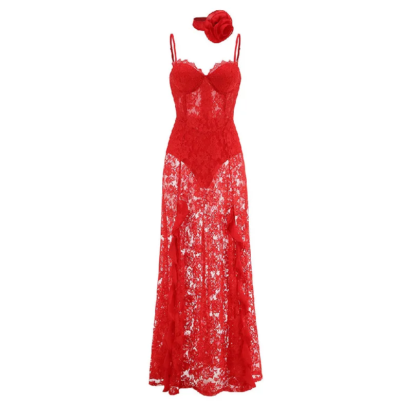 Cozy Street Style Romantic Rosette Scarf Eyelash Bustier Ruffle Sheer Lace Slip Maxi Dress
