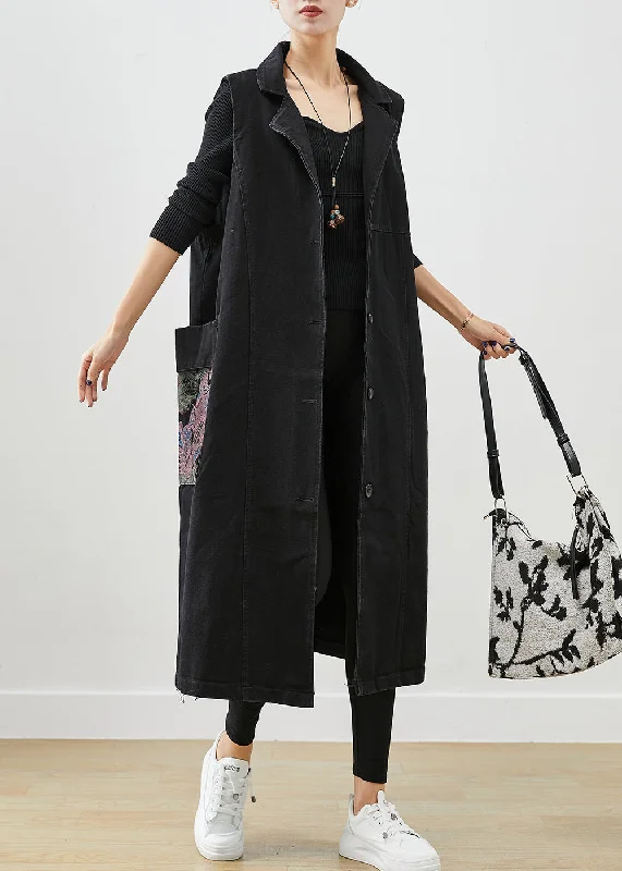 Warm Chic Outfits French Black Oversized Pockets Print Denim Long Vests Fall